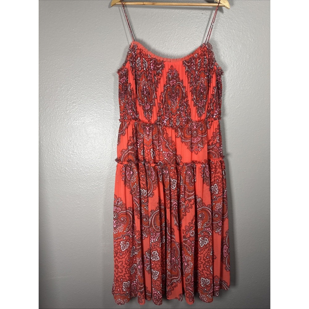 Banana Republic Coral Paisley Strappy Midi Dress Pleated Bodice SIZE 14
